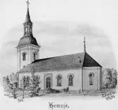 Teckning utförd av komminister Ernst Wennerblad föreställande Hemsjö kyrka. Text från vänster till höger 