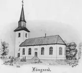 Bild av Långared kyrka tecknad av komminister Ernst Wennerblad. Text från vänster till höger 