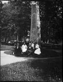 Män och kvinnor sitter i gräset vid Biskop Andreas (Anders) Kalsenius minnessten, Sätra brunn, Sala