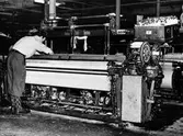 Alingsås bomullsväveri. Vävstolen Northrop automatic. Vävaren lagar en brusten tråd.