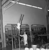 Gymnastikuppvisning i idrotthuset i Huskvarna år 1957. Ledaren är gymnastikdirektör Karin