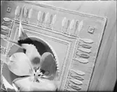 BRODERAD LJUSBLÅ DUK, VIT SKÅL, RÖD TULPAN