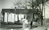 Margit Bengtsson (1901-1998) hänger upp tvätt på tvättlinor, Heljered Sörgård 