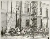 Västerås, Centrum, Fiskartorget. 
Rådhuset smyckas med växtgirlanger m.m. C:a 1890-tal.