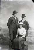 Ateljébild med en sittande kvinna och två män stående bakom henne. Troligen makar med son. Beställare: Ester Klar.