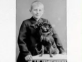 Porträtt av en pojke och en hund. Båda har rosett om halsen. Beställare: Jenny Andersson, Almeberg, Varberg, troligen pojkens mor.