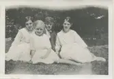 Fyra personer sitter på en gräsmatta, Stretereds skolhem cirka 1920. Från vänster: 1. Hilda Olsson. 2. Irene. 3. Gunnar och 4. Hilda. Hilda Olsson (1887-1973, år 1923 gift Sandberg) arbetade som husa hos Håkan Jönsson som var föreståndare på Stretereds skolhem.