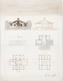 Kolorerad arkitektritning av Hugo Hammarskjöld. Projekt: Nytt bostadshus i två plan. Målbrötle. Utan årtal. Inga uppgifter om det kom att uppföras.