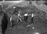 Utgrävning av schakt G på den sydvästra sluttningen av borgkullen vid Rumlaborg i Huskvarna sommaren 1942 pågår. På bilden syns deltagande elever från Huskvarna samrealskola.