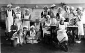 I skolköket läsåret 1933-34. Övre raden Kristina Johansson, ?, Thea Eriksson, Ing-Britt Millqvist, ?, Edit Andersson, lärare Ingrid Andersson, Helmér, Berta Olsson. Sittande Sarah Nordin, ?, ?, Ella, Gunvor Nordstedt.