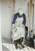 Hilda Sandberg (1887-1973, född Olsson) sitter under verandan och läser Göteborgs-Posten, 