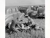 Utflykt. Lantbruksutställning i södra Halland. Tre karlar dukar upp en picnic bland parkerade bilar. I bakgrunden syns havshorisonten. Från vänster: Knut Öberg, Gustav Morgan Magnusson, Rune Öberg.