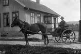 Torkels August från Stora Råryd sitter i en gigg, dvs en ensitsig, tvåhjulig personvagn dragen av en häst. Byggnaden är småskolan i Sundbo, Sällstorp.