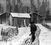 Vinterdag, Själevad. Oljemålning av Gunnar Wiberg