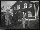 Grupporträtt, personer och häst, stående framför husgavel.