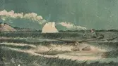 Bildtryck i färg. Teckning av två kajakpaddlare ute på jakt, ett isberg i bakgrunden. Efter akvarell av Aron från Kangeq, daterad Godthaab 1860 (beskuren).