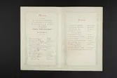 Illustrerad trycksak: meny och musikprogram för Svenska Segel-sällskapets festligheter på Grand Hotel den 26 april 1880, till ära för A. E. Nordenskiöld, L. de Palander och besättningen på skeppet Vega.