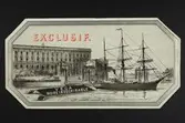 Trycksak, illustration av skeppet Vega framför Stockholms slott. Text: Exclusif. Vega, moire indechirable