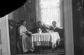 Fotografen Gunnar Engström sitter hemma vid kaffebordet med modern Bertha Engström och den unga kvinnan till höger heter eventuellt Amanda. Bakom sig har de ett stort, mönstrat fönster (möjligen blyinfattat) och såväl rummets tapeter som textilier har jugendstil. På bordet står en blomsterbukett bland småkakor på ett fat, sockerkskål i pressglas och kaffekanna av porslin.
(Negativet skadat i övre vänstra hörnet.)