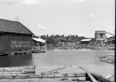 Vy av sågverket (Forviks skogar AB 1936-1989). I vattnet förvaras timmer som ska till sågverket. Till vänster syns Forsviks bruks sjömagasin. Fotografiet är spegelvänt.