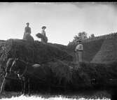 Skörd av säd - man lägger en stack med neker (kärvar). En man står på lasset som är förspänt med ett par hästar och två personer står uppe på stacken. Till höger syns ett högt, brant strå- eller torvtak.