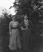 Två kvinnor håller varandra i armkrok framför en stengärdsgård; troligen mor och dotter. De har snarlika höghalsade, hellånga klänningar med V-formad dekor framtill, klädda knappar och breda skärp.