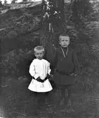 Två små gossar i koltar med skärp på höfterna som står vid en björk, nedanför ett berg. De håller varandra i händerna och är förmodligen bröder.