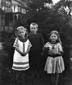 Tre små barn, troligen syskon, står vid några granar intill ett stort hus med snickarglädje på veranda/balkong. Flickan till höger har en armskena med snörning som håller armen fast i vinkel. Förmodligen har fotografen bett henne hålla en blomma för att inte det ska vara så påfallande. Flickornas klänningar har infällda mönstrade band och de har randiga strumpor. (Se även bilderna GEB181 GEB183)