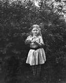 En liten flicka står framför ett buskage och håller i en blomma, en dahlia. Hennes ena arm hålls i vinkel av en skena med snörning. (Se även bilderna GEB180, GEB183)