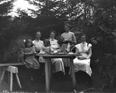 Fyra kvinnor i olika åldrar dricker te i trädgården med två små flickor och en hund. Tre av kvinnorna bär förkläden av olika slag och kan vara tjänstefolk. Kakfat och blomsterbukett finns på bordet. (Barnen finns även på bild GEB185)