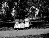 Tre kvinnor sitter på en parkbänk, kanske i Varbergs Societetspark. Skuggan är så djup att endast ansiktet på kvinnan längst till höger går att skönja. De yttre vilar kamratligt sina händer på sin vän i mitten. Alla tre bär klänningar i olika randade tyger och likadana skor med stora spännen.