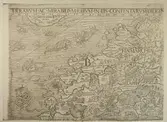 Karta, Olaus Magnus Carta Marina detalj, Finnmarken med rikliga illustrationer av folkliv, djur och natur. Daterad 1539