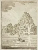 Stick ur Knud Leems bok: Beskrivelse over Finmarkens lapper, deres tungemaal, levemaade og forrige afgudsdyrkelse med J.E. Gunneri Anmaerkninger. Tab. LXXXVIII. På en klippvägg syns en figur av en människa med utsträckta armar som hänger upp och ned. Tobak offrades till bilden i berget då man passerade i båt för att få tur.