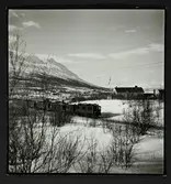 Ett tåg kommer åkandes på rälsen nedanför Njullá.