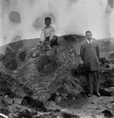 En pojke sitter med en hund uppe på ett klippblock med en ung man stående nedanför. (Negativet har skador. Se även bildnr GEB217)