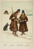 Samisk familj. Mannen på skidor tittar ner på ett litet barn som kvinnan bär i kont. L.A. 1081. Kolorerat tryck.