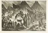Grafiskt tryck, efter en teckning av Emma Ekvall. Människor i ett läger, samlade kring en kittel som värms på en eld. Möjligen publicerad i tidningen Hemvännen 1876.