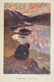 Grafiskt färgtryck efter originalmålning med titeln Sameätnam (Samiskt land) Lappland av Folke Hoving. En man sitter på en klippa i ett fjällandskap med vatten i solnedgång.