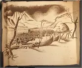 Teckning. Strandmotiv, båtar. 