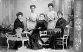 Ateljéporträtt av Anna Maria Katarina Svensson i mitten (kallad Marie), omgiven av sina döttrar. Fr v med namn som gifta: Julia Welander, Anna Geijer, Marie själv, Olga Svensson och Emma Rosander. Fotografen har använt sig av tre sittmöbler, ett pelarbord och en fäll på golvet i förgrunden. (Fotografiet har nötningsskador på mitten, dvs på Marias ansikte)