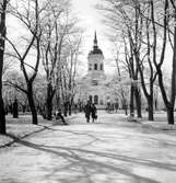 Stadsparken med domkyrkan i bakgrunden.