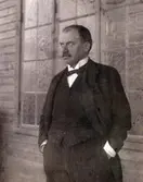 Doktor Almer står med händerna i byxfickorna vid ett stort fönsterparti på Kustsanatoriet Apelvikens träbyggnad.