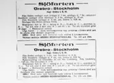 Turlista sjöfarten Örebro-Stockholm med Örebro I, II, III, 1920-tal