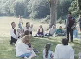 Dans kring midsommarstången vid Hembygdsgården Långåker 1:3 1993. Sittande från vänster: 1. folkdräktsklädde Berny Gustafsson. 2. Eivor Bjerrhede (1921-2015). 3. Staffan Bjerrhede. 4. Aina Olsson (1917-2007) och 5. Marianne Jansson (1924-2006). Till höger står en okänd dragspelare från Göteborg.
Relaterade motiv: A03389 - A03408.