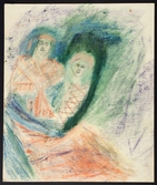 Teckning av Johan Turi. En kvinna och ett barn i kont.