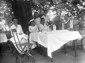 Grupp vid kaffebord i trädgården, 1918