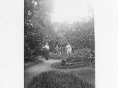 Två stående kvinnor och en sittande man i en prydlig trädgård med anlagda grusgångar, rabatter och höga buskage. Kvinnan till vänster krattar gången. (Se även bildnr MR2_1026, troligen samma trädgård)