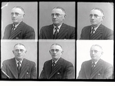 Mansporträtt. Sex foton av herr Bengtsson från Idala i glasögon och randig kavaj, bröstbild.