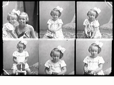 Flickporträtt. Sex olika bilder av en liten flicka med stor rosett i håret, sittande på en leksakshäst. På första bilden är en till flicka med, sannolikt en storasyster. Beställaren Margareta Andersson är sannolikt deras mor.