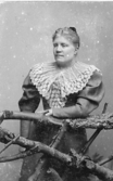 Kvinnoporträtt av Anna Karlson som var husföreståndarinna hos August Bondeson (1854-1906), författare, folklivsforskare och läkare. Bondeson växte upp i Vessigebro men bodde senare i Göteborg.